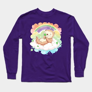 Kawaii sea Otters holding a four-leaf clover in St. Patrick's Day Celebration rainbow Long Sleeve T-Shirt